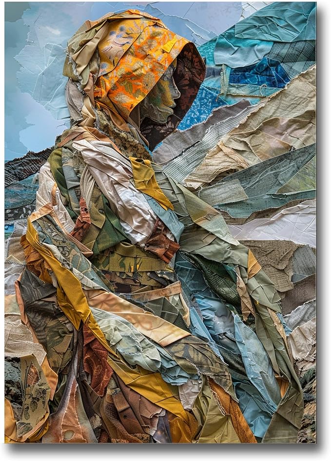 Print artistic nicely depicts a wild mountains, many pieces of fabric and torn paper of different textures and colors, Minimalist Wall Art, Wall