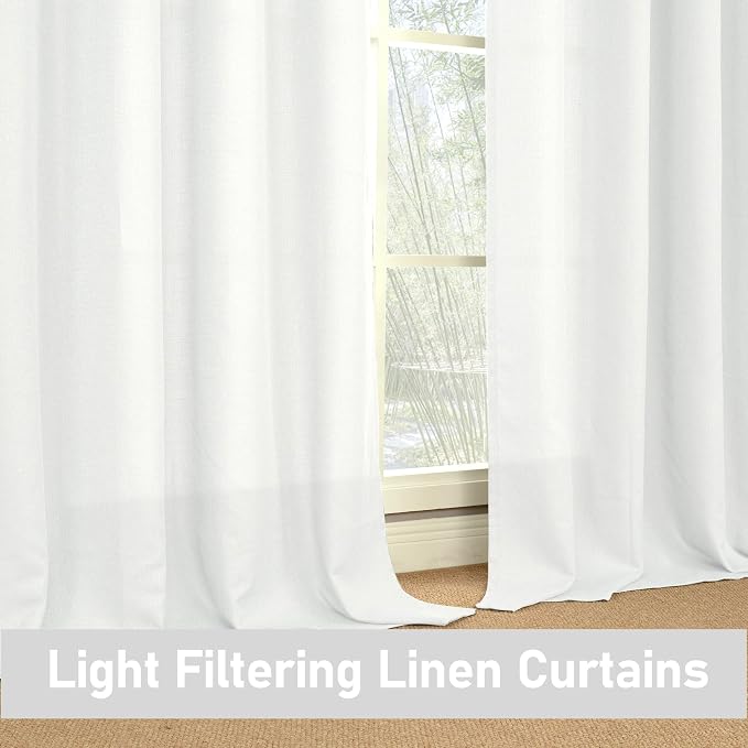 LAMIT 102 Inch Long White Linen Curtains 2 Panels, Linen Textured Light Filtering Living Room Curtains Grommet Privacy Burlap Boho Drapes for Bedroom/Farmhouse, 52 x 102 Inch