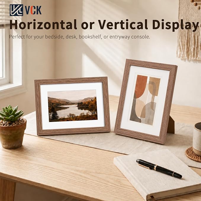 VCK 8x12 Picture Frames Walnut - 3 Pack, Wide Border Solid Wood, Tempered Glass, Display 6x8 Photo with Mat or 8 x 12 Without, for Home, Office, Gallery, Woodgrain Series, Tabletop & Wall Hanging
