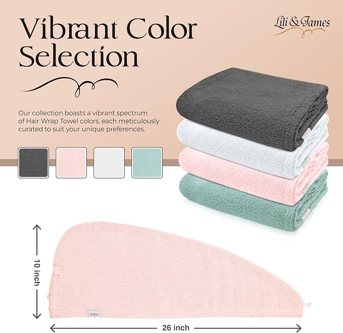 Lili&James 100% Cotton Hair Towel Wrap for Women/Kids | Quick Dry, Soft & Absorbent 420-GSM Hair Wrap Towels with Double Button | Anti Frizz, Non Microfiber Hair Turbans for Curly, Long Hair (Pink)