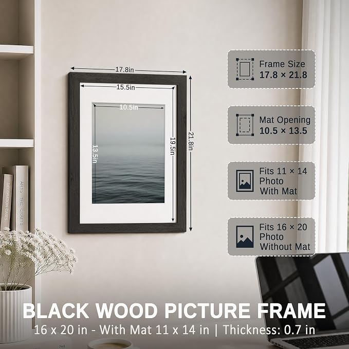 VCK 16x20 Picture Frames Black 3 Pack, Wide Border Solid Wood, Tempered Glass, Display 11x14 Photo with Mat or 16 x 20 without, for Home, Office, Gallery, Woodgrain Series, Wall Hanging