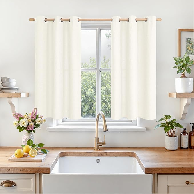 LAMIT LAMT Short Linen Curtains 40 Inches Long for Kitchen Window, Ivory Light Filtering Drapes Grommet Soft Thick Privacy Panels for Bathroom/Cafe/Small Window, 2 Panels, 42 X 40 Inch