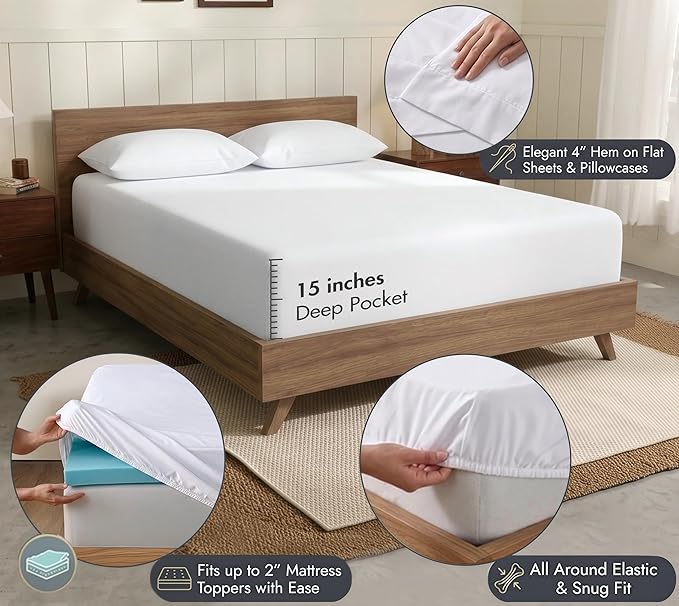 RUVANTI 100% Cotton Organic Percale Sheets Queen Size – Crisp Cooling Bed Sheets for Hot Sleepers, Deep Pocket 15”, Soft Peach Finish, Breathable & Durable Hotel-Style 4 Pcs, Bright White