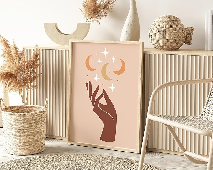 Y2K BOO Mystical Hand UNFRAMED Wall Art Celestial Moon and Stars Print Earth Tones Terracotta Mid Century Modern 24x36 Inch Heavyweight Paper Studio Decor