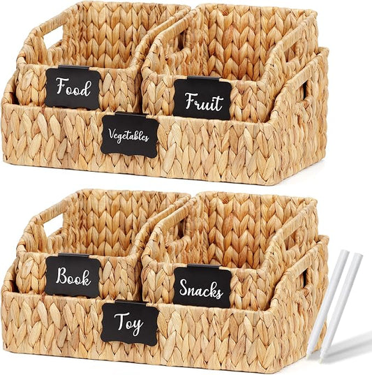 Wicker Baskets for Organizing, Pantry Baskets with Built-in Handles, Handwoven Labeled Wicker Storage Basket, Water Hyacinth Storage Bins for Shelves, 3 Pack, Natural - 2 Set