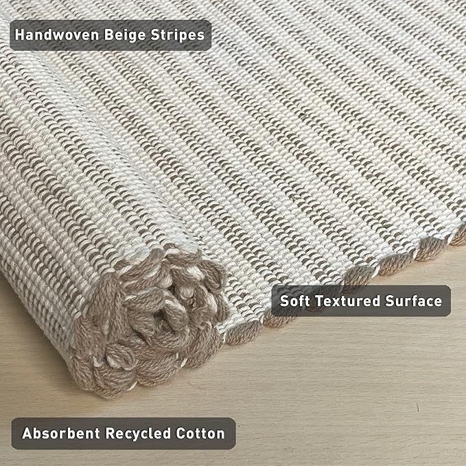 Chardin home Beige & Ivory Providence Runner 2.5x8 feet |Hand Woven Farmhouse Rug with Hand Knotted Fringes|Great in Kitchens entryways Hallways Bathrooms Meditation Yoga Mat|Reversible Cotton Rug