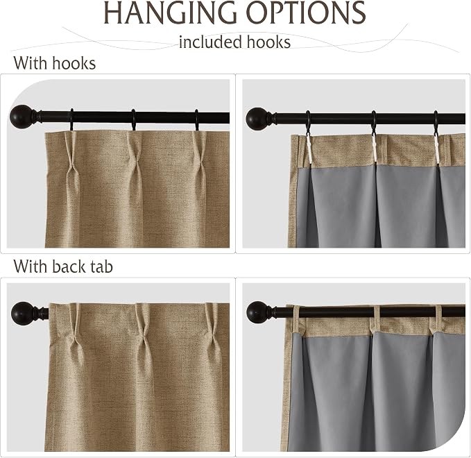 RYB HOME Pinch Pleated Back Tab Curtains Linen Textured 100% Blackout Curtains Thermal Insulated for Bedroom Living Room Bay Window Drapes, W 42 x L 84 inches, Burlap, 2 Panels