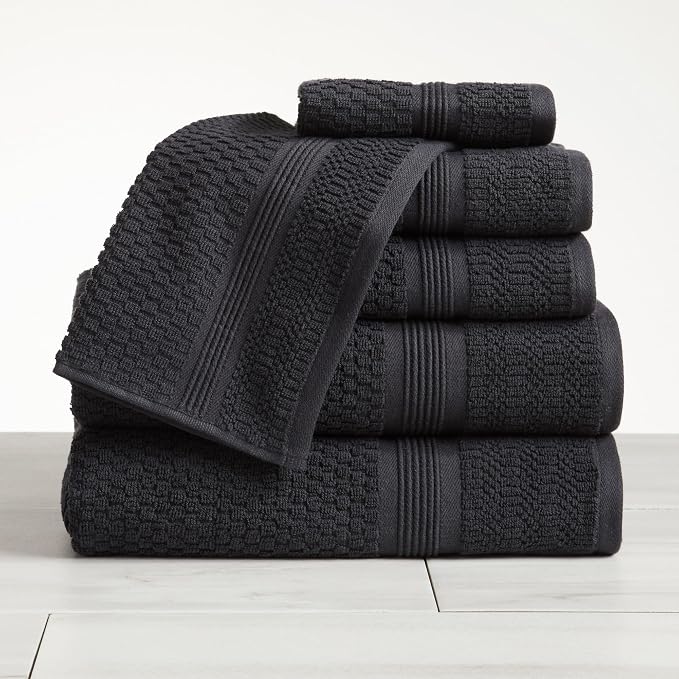 Market & Place 100% Cotton Waffle Weave 6 Piece Towel Set – Soft, Quick-Dry Bath, Hand & Washcloth Towels – Lightweight, Textured Bathroom Set – Black | Zoey Collection