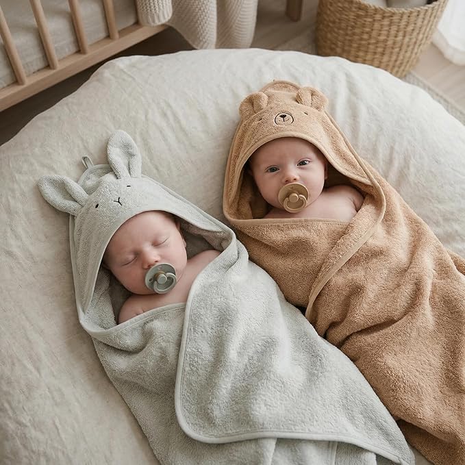 Hooded Baby Towels – 100% Organic Cotton Baby Bath Towels – Baby Boy Newborn Essentials - Super-Soft and Absorbent. (2-Pack Rabbit Pearl Grey and Bear Natural)