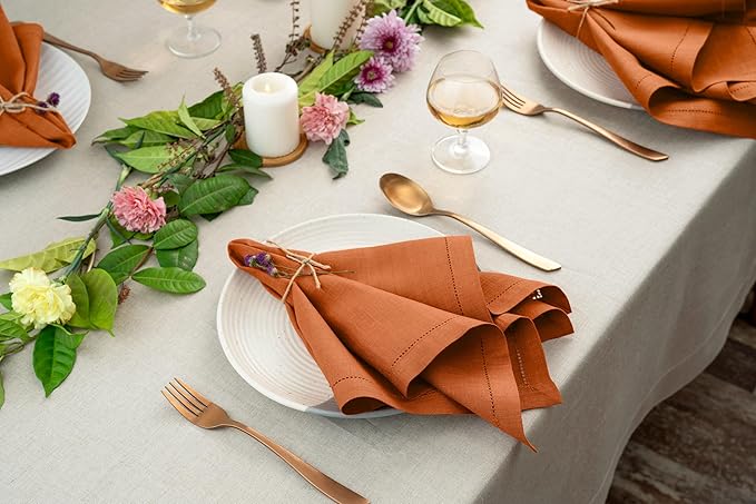 Signature Linen™ by D'Moksha Rust Dinner Napkins Set of 4, 20 x 20 Inch Cloth Napkins, 100% Pure Linen, Hemstitch, Machine Washable Table Napkins- Summer, Father's Day