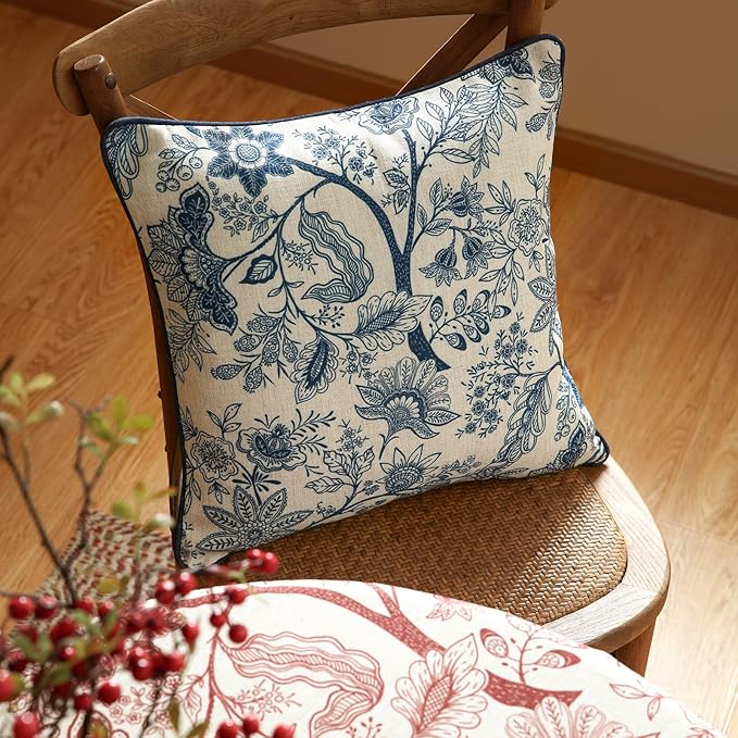ISAENNE Design Linen Square Throw Pillow Covers 18"x18" Pack of 2, French Country Cushion Covers with Blue Toile de Jouy Floral Pattern Decoration Pillowcases for Bed, Living Room, Outdoor, Car
