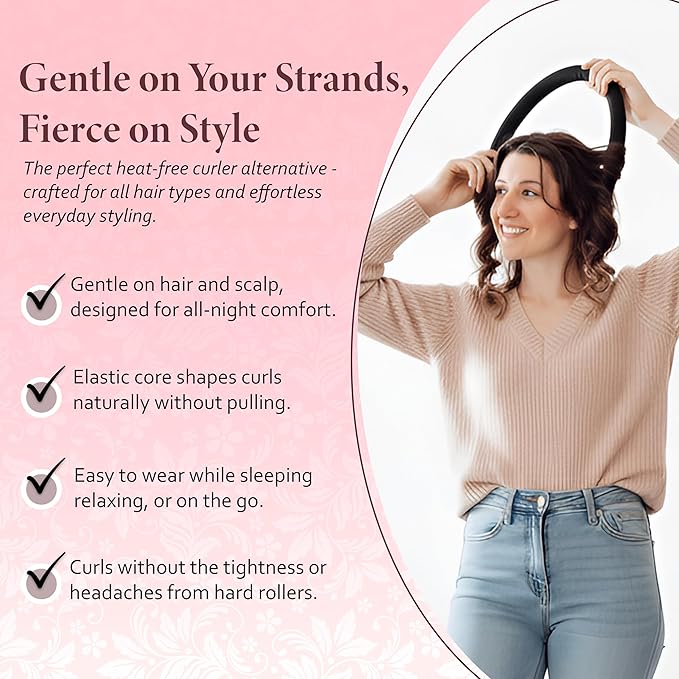 Heatless Curlers, No Heat Curls Overnight, Black Satin Flexi Rod with 6pcs Heatless Curling Set, 2 Scrunchies, 2 Hair Ties, Carry Pouch, Clip for Overnight Hair Curler (Black, All Size)