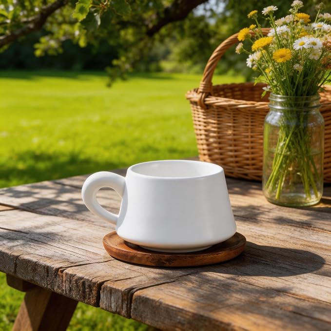 Set of 1 Ceramic Tea White Cup and Wood Saucer - 7 oz Tea Mug - Wide Cappuccino Cup, Coffee Cups for Cappuccino, Latte, Espresso, Americano