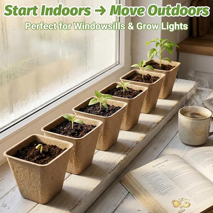 60Pcs 3.1 Inch Square Peat Pots - Nursery Pots with Drainage Holes for Seedlings - Biodegradable Seed Starting Pots with 60Pcs Plant Labels for Garden Plants