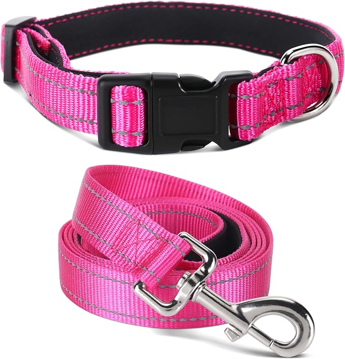 Soft Neoprene Padded Dog Collar and Leash Set for Small Medium Large Dogs, Reflective Durable Nylon Dog Collar with 5ft Leash Easy for Walking, Hot Pink,Neck fit 14.0-23.5’’