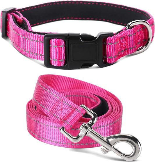 Soft Neoprene Padded Dog Collar and Leash Set for Small Medium Large Dogs, Reflective Durable Nylon Dog Collar with 5ft Leash Easy for Walking, Hot Pink,Neck fit 14.0-23.5’’