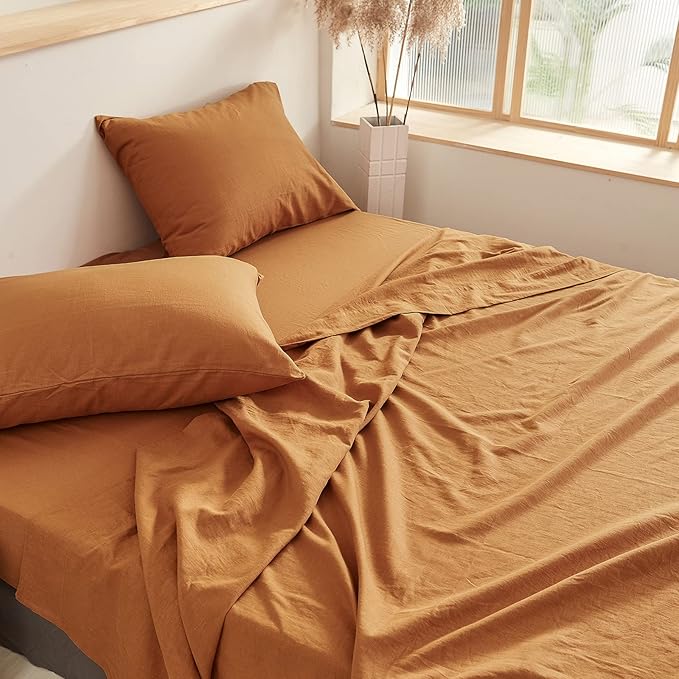 BISELINA Linen Sheet French Flax Flat Sheet Only 55% Euro Linen 45% Cotton Basic Style Solid Color Soft Breathable Farmhouse Top Sheet 1-Piece (Queen, Rust)