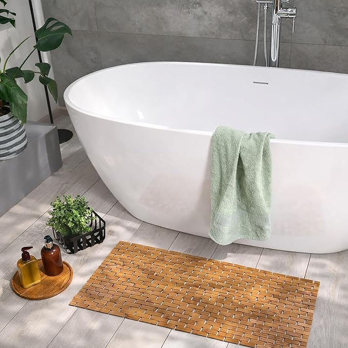 EVIDECO French Home Goods Rectangular Natural Bamboo Bathroom Mat - Non Slip Bath Mat - Perfect for Shower, Spa, Sauna and Bathroom Decor - Foldable Duckboard, 16 x 40 inches, Light Brown