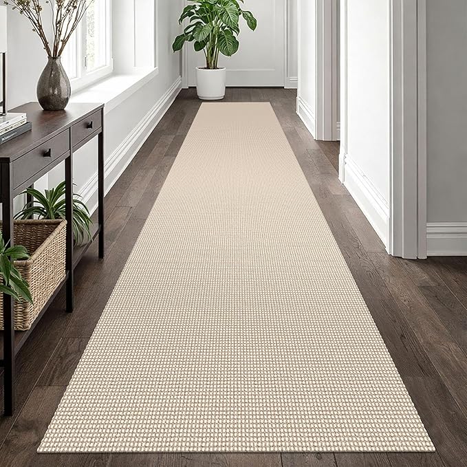 EARTHALL Woven Runner Rug 2.6x12 Ft Washable Runners for Hallways Extra Long Cotton Non Slip Rubber Backed Kitchen Runner Braided Indoor Floor Carpet for Entryway, Hall, Kitchen, Beige/Ivory