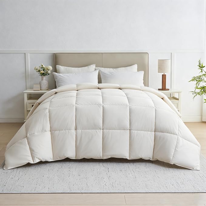 puredown® Goose Feather Down Fiber Comforter Full/Queen Size - 100% Organic Cotton Cover All Season Duvet Insert, Breathable Fluffy Warmth Hotel Luxury Bedding Comforter (88"x90")