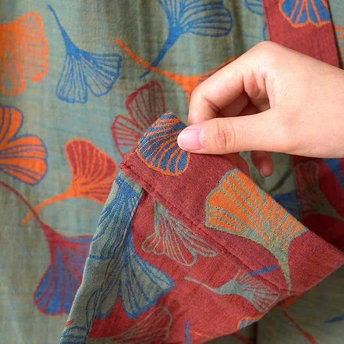 100% Cotton Gauze Ginkgo Leaf Kimono Robe, Long Knit Loose Bathrobe Nightgown Ladies Loungewear Sleepwear for Women