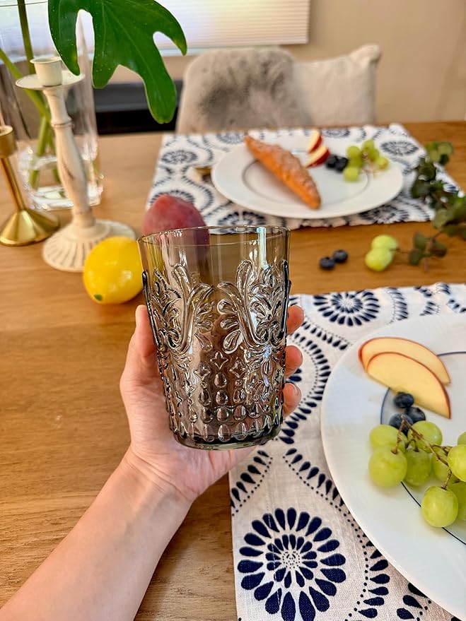 KLIFA- BLOIS- 15.2 ounce, Set of 6, Acrylic Tumbler Drinking Glasses, BPA-Free, Stackable Plastic Drinkware, Dishwasher Safe, Vintage Looking Cups, Gray Black