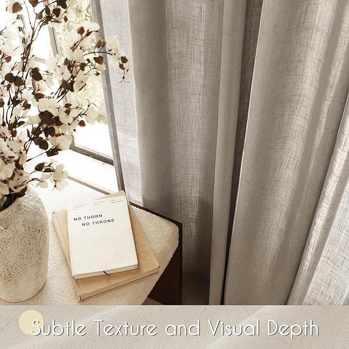 Taupe Linen Curtains 108 Inches Long for Living Room Back Tab Rustic Farmhouse Semi Sheer Light Filtering Window Curtain Dining Room Soft Thick Flax Textured Drapes Burlywood Birch Dark Brown