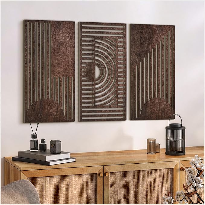 VIYYIEA Boho Solid Wood Carved Wall Art Set of 3, Geometric Minimalist Wooden Home Decor Panels, Handcrafted Solid Wood Wall Hanging for Living Room Bedroom Hallway, 16 x 8 Inch Each (Geometry I)
