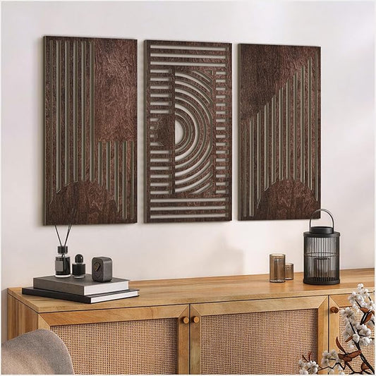 VIYYIEA Boho Solid Wood Carved Wall Art Set of 3, Geometric Minimalist Wooden Home Decor Panels, Handcrafted Solid Wood Wall Hanging for Living Room Bedroom Hallway, 16 x 8 Inch Each (Geometry I)