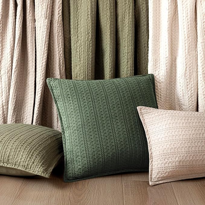 Foindtower Set of 2 Decorative Cotton Waffle Weave Throw Pillow Covers Euro Shams Cushion Covers Accent European Pillowcase for Bed Couch Sofa Bedroom Living Room Home Decor 20×20 Inch Dark Green