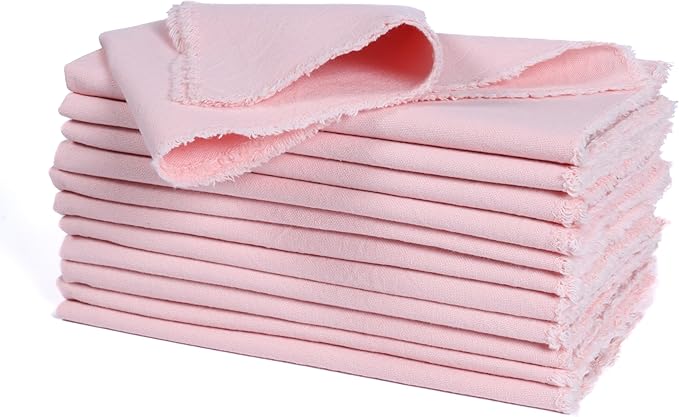 Ramanta Home Cloth Napkins Set of 12 Pink 18x18 Inch - Spring Soft & Durable Frayed Dinner Napkin for Easter Wedding, Birthday Parties | Heavy Weight Fabric Table Linen for Everyday Use Family Dinners