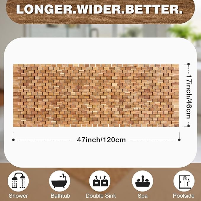 Junkin Teak Wood Bath Mat 47 x 17 Inch, Extra Long Non Slip Wooden Shower Mat for Bathroom, Teak Spa Accessory for Bathtub Area, Spa Home or Outdoor