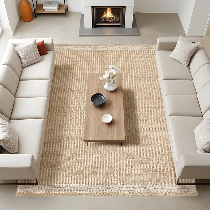 10x14 feet Natural Jute & Wool Area Rug,– Handwoven Mini Check Natural Fiber Rug with 4" Border, Neutral Boho Farmhouse Rug for Living Room,Dining Room,Bedroom | 0.6" Pile (10' x 14')