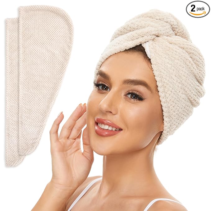 SimpleField 2 Pack Microfiber Hair Towel Wrap for Women, Anti Frizz Quick Drying Hair Turban for All Hair Style, Absorbent and Lightweight (Beige)