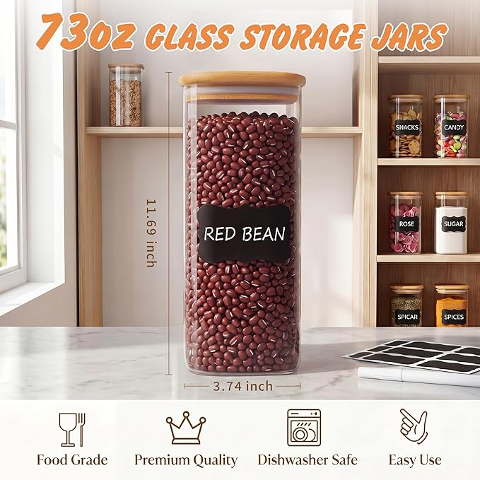 SENTVEND 73 Oz Glass Storage Jars with Bamboo Lids - 3 Pack Clear Glass Canisters Square Airtight Stackable Ideal for Pantry Storage Containers Great for Storing Oats Coffee Beans Pasta Flour Rice etc