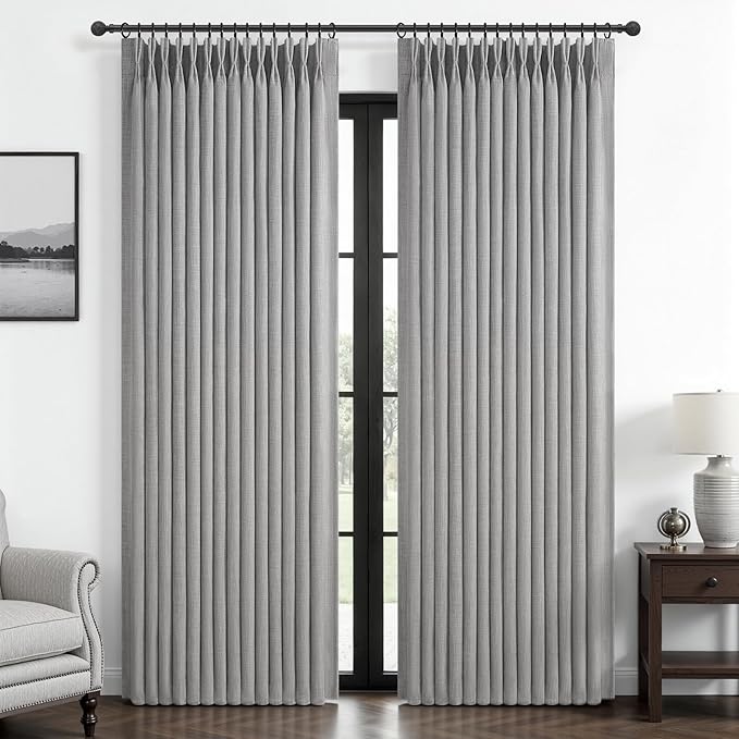 Custom Light Grey Blackout Dining Room Curtains 78 Inches Long 2 Panels Set, Memory Trained Pinch Pleated Double Layer Linen Thermal Noise Reducing Drapes Farmhouse Energy Efficient Windows Curtain