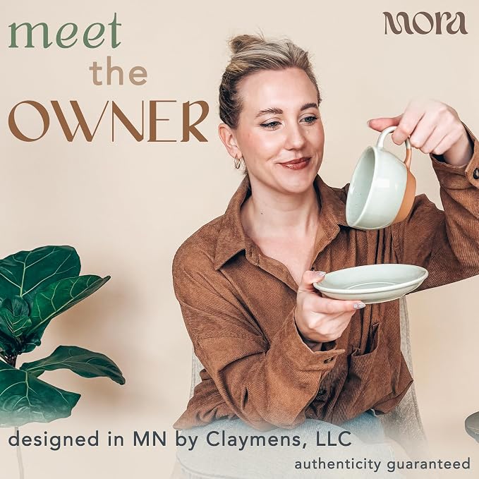 MORA Ceramic Latte Art Mug With Saucer - 10.5 oz, Round Bottom For Perfect Pours - Cafe Cups for Cappuccino, Espresso, Coffee, Tea etc - Porcelain Set for Baristas, Great Gift - Light Matcha