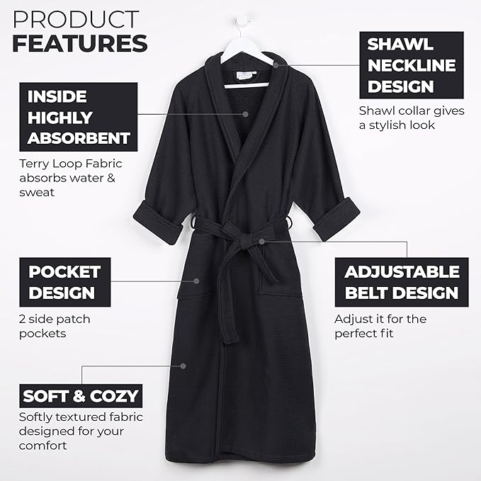 Superior Waffle Weave Cotton Unisex Bathrobe with Belt, Soft and Absorbent Robe for Men and Women Bath Essentials Robes