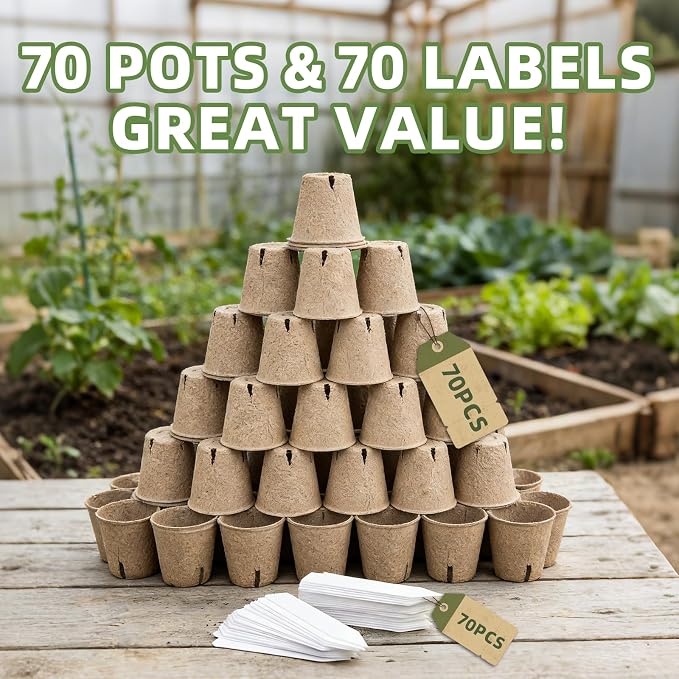 CLEANGOR 70Pcs Biodegradable 4” Peat Pots with 70Pcs Plant Labels | Biodegradable Seed Starter Pots with Drainage Holes, Nursery Pots for Seedlings, Herbs, Vegetables, Flowers, Gardening Kit