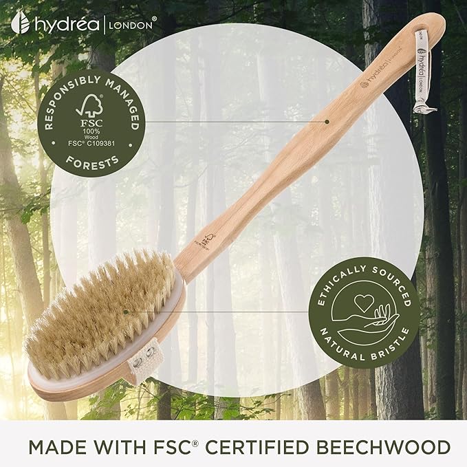 Hydrea London Body Brush Back Scrubber - Shower brush with long handle 100% Natural Bristle, Dry Skin Brush, Exfoliating Cellulite Brush - FSC® Certified Beechwood.
