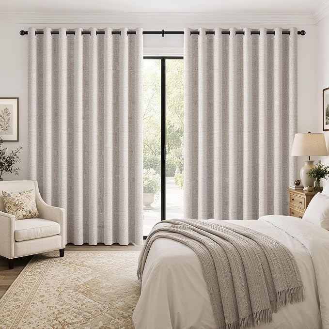 MIULEE Extra Wide 100% Blackout Curtains for Sliding Glass Doors Linen Textured W100 x L90 inch Panel Ivory Thermal Insulated Grommet Room Darkening Drapes for Patio Living Room Bedroom, 1 Panel Set