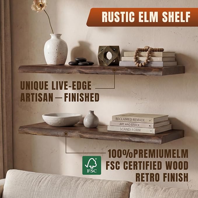 48" Live Edge Floating Shelf, Solid Elm Wood Wall Shelf | 1.4" Extra Thick, 9.3" Deep, FSC Certified Vintage Weathered Finish, Ideal Fireplace Mantel for Home Decor