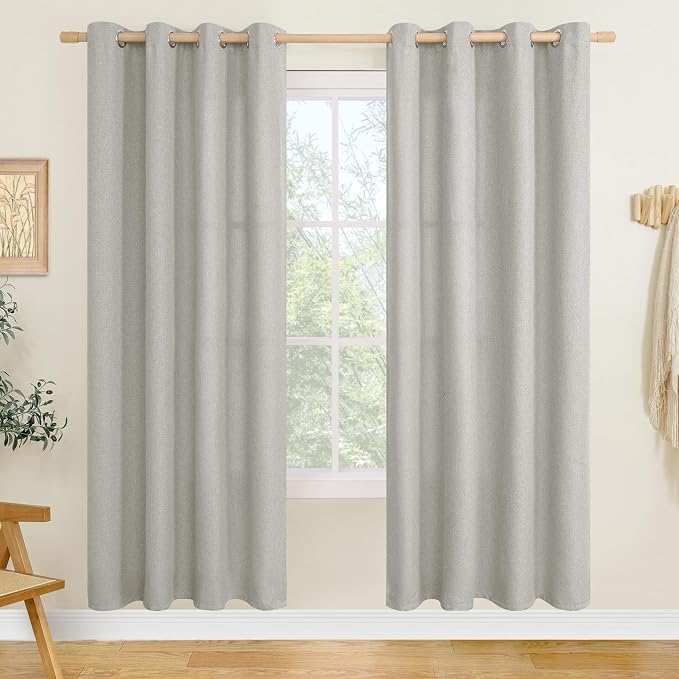 LAMIT Light Grey Linen Curtains 80 inches Long for Living Room, Faux Linen Light Filtering Curtains Grommet Privacy Neutral Window Treatments for Bedroom, 2 Panels, W52 x L80