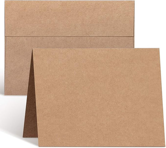 Ohuhu Blank Brown Kraft Cards and Envelopes 100 Pack - 4.25" x 5.5" Folded Cardstock Paper and A2 Envelopes for DIY Greeting Cards Wedding Birthday Invitations Thank You Cards and All Occasions