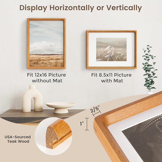 12x16 Picture Frame, USA-Sourced Teak Wood Photo Frames with HD Tempered Glass, Handcrafted Rounded Corner 12 x 16 Wooden Frames Matted to 8.5x11 Photos, Horizontal or Vertical Wall Display