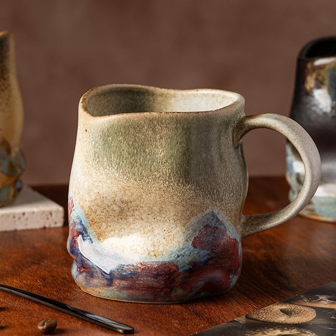 Handmade Ceramic Coffee Mugs, Mugs with Coffee Spoon, 11oz, Handmade Pottery Mug with Handle, Hand-painting, Unique Uneven Surface Tea cups, Dishwasher and Microwave Safe (White)