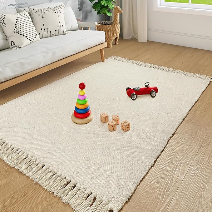 Collive 4x6 Small Area Rug for Living Room, White/Beige Woven Cotton Bedroom Carpets Modern Comfy Indoor Nursery Rug Farmhouse Accent Carpet for Dining Room, Bedside, Office, Patio Decor