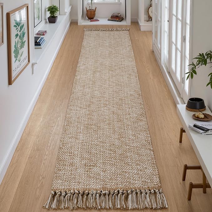 Collive Long Hallway Runner Rug 2x8, Boho Washable Runners Indoor Entryway Rugs Tan Cotton Woven Kitchen Runner Carpet, Farmhouse Low Profile Front Door Mats for Bedside Laundry Room Doorway