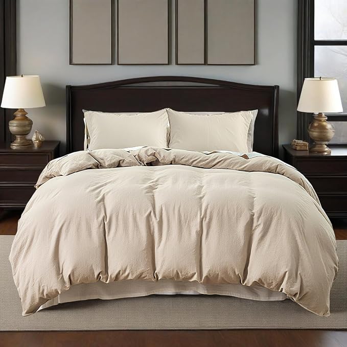 QKTE French Linen Duvet Cover Set, 3 PCS Natural French Flax Beige Duvet Cover King Size, Breathable Soft Comfy Linen Bedding Comforter Cover with 2 Pillowcases(Beige, 104" x 92")