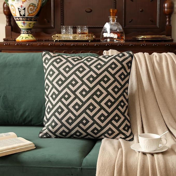 ISAENNE Design Linen Classic Vintage Throw Pillow Covers 18"x18" Pack of 2, Minimalist Square Cushion Covers with Green Irregular Plaid Pattern Decor Pillowcases for Bed,Living Room,Outdoor,Car